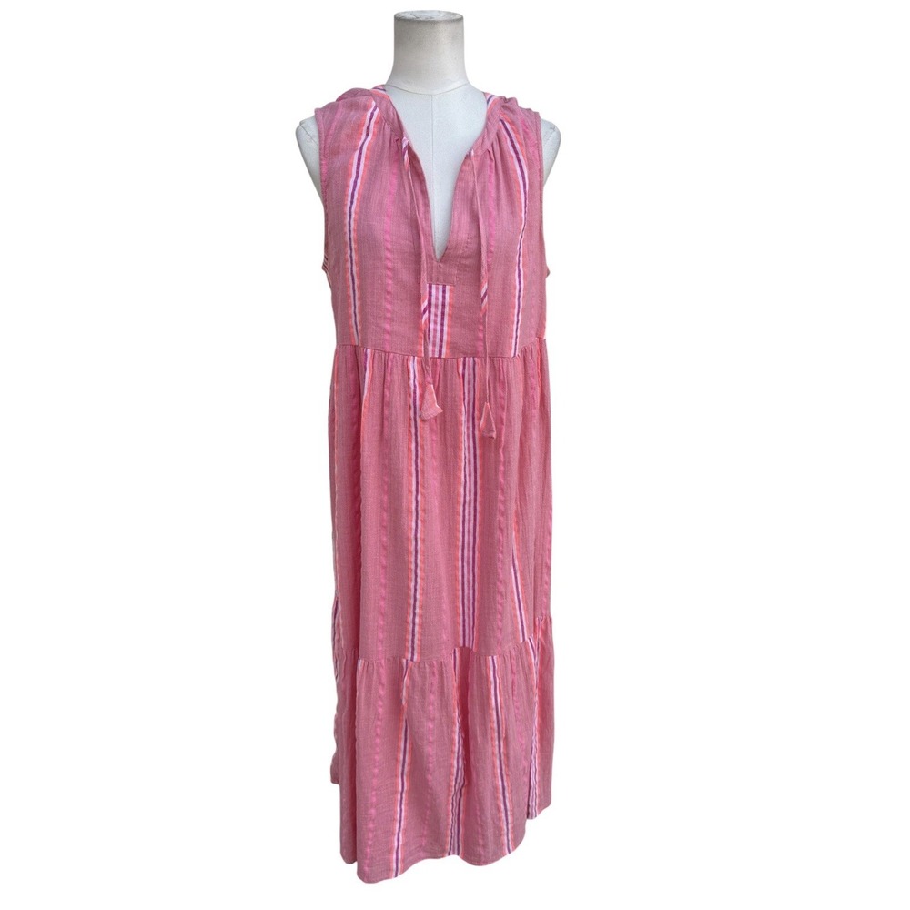 Vineyard Vines Pink Striped Maxi Dress Womens Large Sleeveless Tassel Tie Resort
